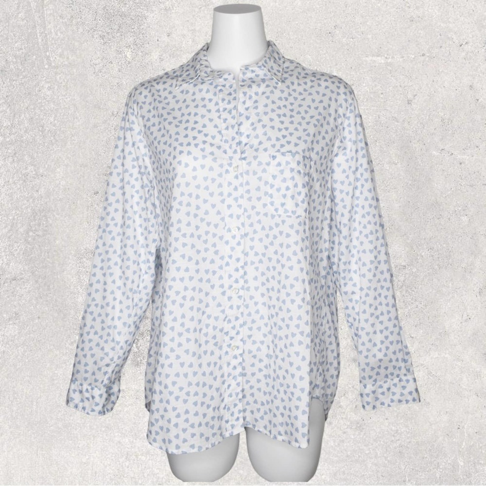 Women's Blue Heart Print Button Down Shirt